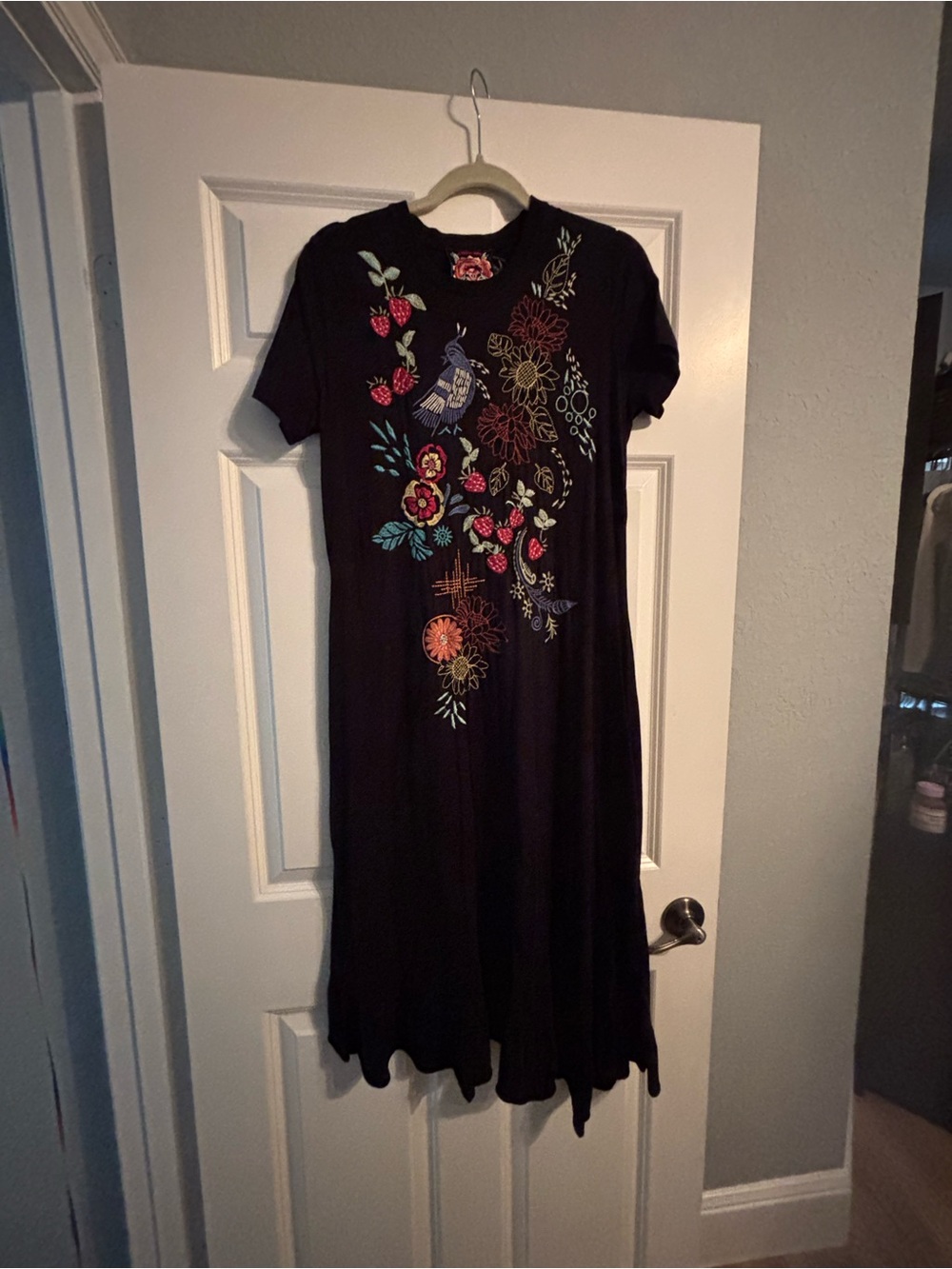 Johnny Was Black Maxi Dress with Multicolor Floral & Bird Embroidery